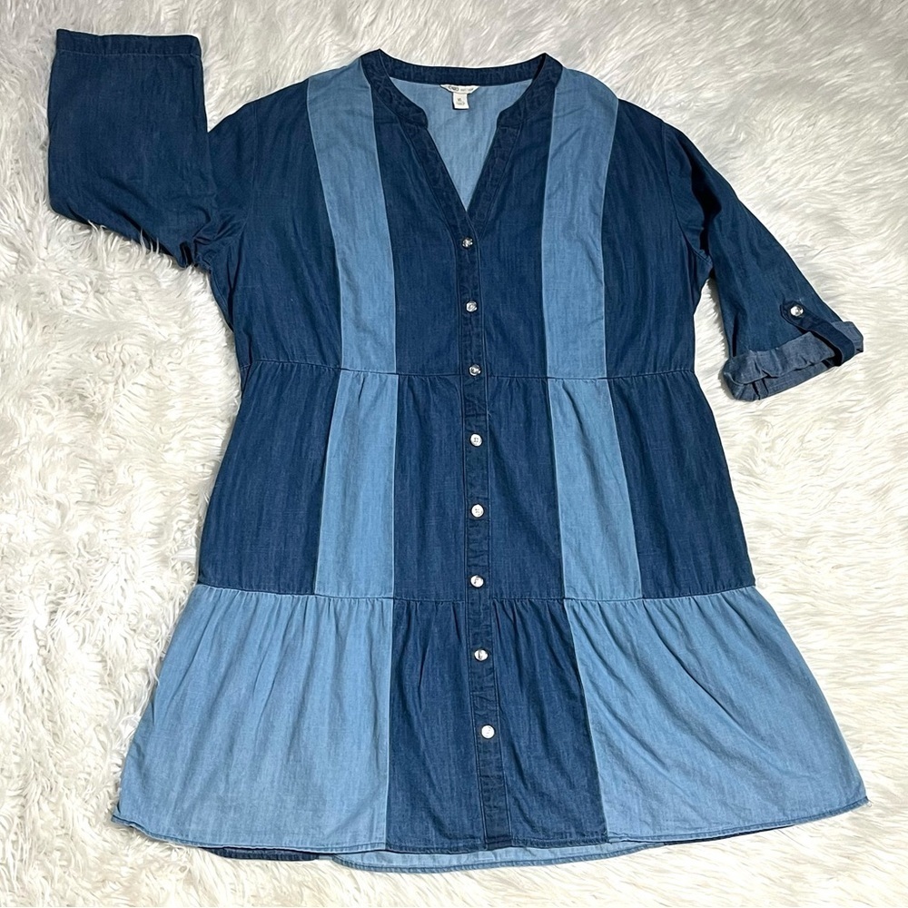 Patchwork Two-Tone Denim Smock Shirt Dress Tunic 3/4 Sleeve Flounce Hem Pockets - Picture 7 of 12